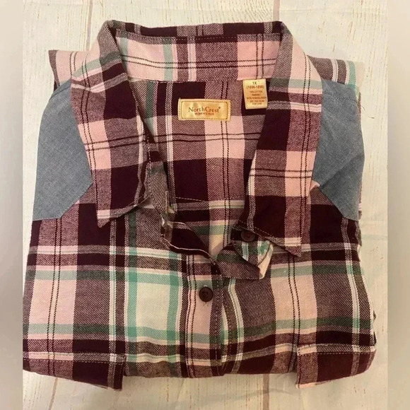 Northcrest Maroon Plaid Flannel Button-up Shirt Hi-Low Hem Front Pockets Size 1X - Picture 8 of 10